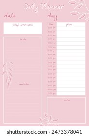 Daily planner for important notes and scheduling. Modern design in pink with leaves on branches. Suitable for school, college, university and habit building.