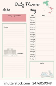 Daily planner with an Italian theme. Contains the main distinctive features of Italy. Ideal for recording and structuring daily tasks