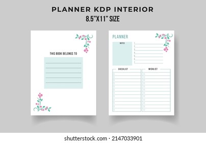 Daily planner KDP interior. Floral daily routine planner notebook. Daily planner journal template. Work schedule template.