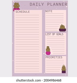  Daily planner in lilac or purple. Schedule, notes, goal list, priorities