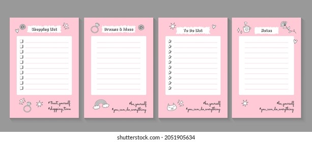 Daily planner lists set. Cute girl hand drawn to do list, dreams and ideas organizer, shopping list, notes. Reminder notebook blanks. Outlined doodle icons design. Pink and black color palette.