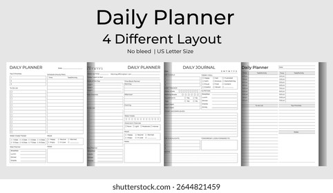 Daily Planner And Logbook Tracker Bundle Set. 4 Different Layouts, Interior, Organizer, Journal, Printable Vector Illustration.