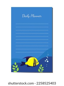 Daily planner marine design with exotic fish. Printable organizer page template. Diary page vector template.