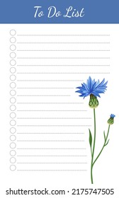 Daily planner, note paper, to do list, template decorated with flower. School schedule, organizer, checklist, notebook. Cornflover blue wildflower design. Colorful flat vector illustration.