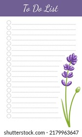 Daily planner, note paper, to do list, template decorated with flower. School schedule, organizer, checklist, notebook. Violet lavender wildflower design. Colorful flat vector illustration.