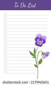 Daily planner, note paper, to do list, template decorated with flower. School schedule, organizer, checklist, notebook. Wild purple pansy wildflower design. Colorful flat vector illustration.