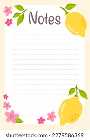 Daily planner, notes list decorated with lemons and flowers and trendy lettering