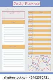 Daily planner in orange colors with abstract watercolor illustration. For creating a daily schedule, notes and daily affirmations