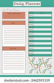 Daily planner in orange and green colors with watercolor illustration. For creating a daily schedule, notes and daily affirmations