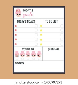 Daily Planner Organizer with a Character Girl with Pink Hair and her diferents emotions. To Do List, Today´s Goals, Today´s Quotes, Gratitude and Notes