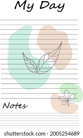 Daily planner with an original design and an image of leaves. Personal diary, diary. Vector planner.