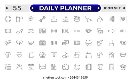 Conjunto de ícones da Estrutura de Tópicos do Planejador Diário. Contendo agendamento, lista de tarefas, tarefa, gerenciar horário, planejador, calendário, delegação, lembrete, temporizador, definir prioridades e Gerenciamento de tempo.
