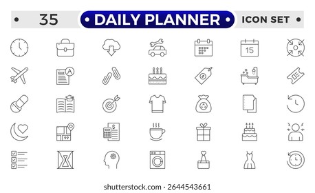 Daily Planner Outline icon set. Containing schedule, to-do list, task, manage time, planner, calendar, delegation, reminder, timer, set priorities and Time management.
