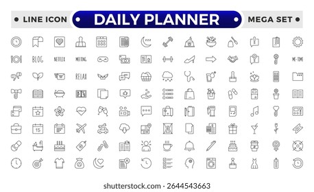 Conjunto de ícones da Estrutura de Tópicos do Planejador Diário. Contendo agendamento, lista de tarefas, tarefa, gerenciar horário, planejador, calendário, delegação, lembrete, temporizador, definir prioridades e Gerenciamento de tempo.
