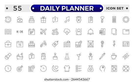 Daily Planner Outline icon set. Containing schedule, to-do list, task, manage time, planner, calendar, delegation, reminder, timer, set priorities and Time management.
