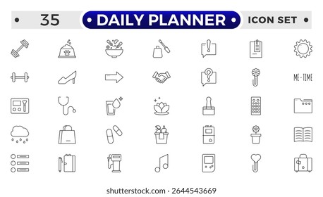 Conjunto de ícones da Estrutura de Tópicos do Planejador Diário. Contendo agendamento, lista de tarefas, tarefa, gerenciar horário, planejador, calendário, delegação, lembrete, temporizador, definir prioridades e Gerenciamento de tempo.
