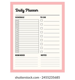 Daily planner page with date, reminder, notes, to-do list, and schedule. Daily notes page. Vector illustration.