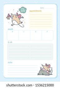 Daily planner page design template, calendar for children. Cute hand drawn little mice characters. To do list flat lay, pastel colors, hand drawn style. Time management equipment. Vector illustration.