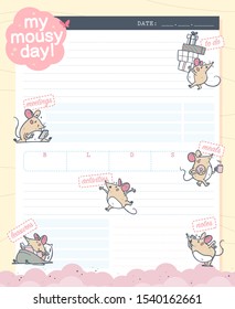 Daily planner page design template, calendar for children. Cute hand drawn little mice characters. To do list flat lay, pastel colors, hand drawn style. Time management equipment. Vector illustration.