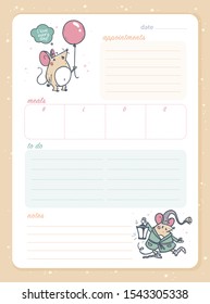 Daily planner page design template, calendar for children. Cute hand drawn little mice characters. To do list flat lay, pastel colors, hand drawn style. Time management equipment. Vector illustration.