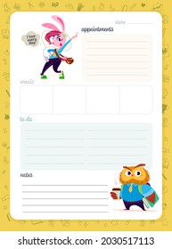 Daily planner page design template, calendar for children. Cute little animal students, bunny and owl characters with backpacks, school line hand drawn icons. To do list. Vector flat illustration.