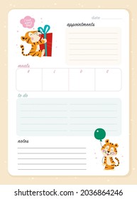 Daily planner page design template, calendar for children. Cute hand drawn little tigers characters. To do list flat lay, pastel colors. Time management equipment. Vector illustration.