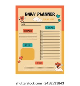 Daily planner page in groovy style with reminder, notes, and schedule isolated background. Planner page templates in retro vantage colors.