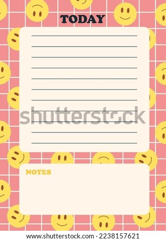 Daily planner page template. Tasks for today. Vertical list on abstract pink cage pattern background and emoji smile elements. Y2k style. Vector illustration