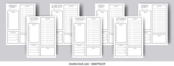 Daily planner. Planner pages on 7 days of week