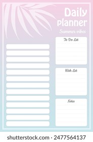 Daily planner with palm leaf and gradient. Blue, pink and wite colors. Summer vibe. Vector illustration.