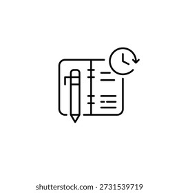 Daily planner, pen and clock. Organized routine, scheduled events. Pixel perfect, editable stroke vector icon