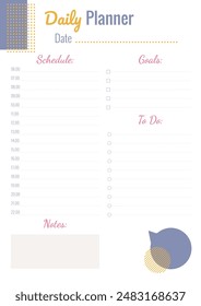 Daily planner. Personal daily planner template. Planner with place for notes