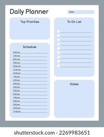 Daily planner printable template. Blank white notebook page. Business organizer schedule page for a day for effective planning. Paper sheet.