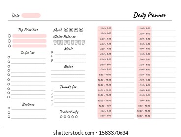 Daily planner printable template Vector. Blank white notebook page A4. Business organizer schedule page for a day for effective planning. Paper sheet. Vector illustration design