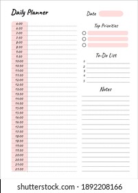 Daily planner printable template Vector. Blank white notebook page Letter size. Business organizer schedule page for a day for effective planning. Paper sheet. Vector illustration design