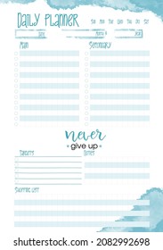 Daily planner printable template Vector. Blank white notebook page A5. Business organizer schedule page for a day for effective planning. Paper sheet. Vector illustration design