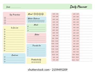 Daily planner printable template Vector. Blank white notebook page A4. Business organizer schedule page for a day for effective planning. Paper sheet. Schedule template. Vector illustration design