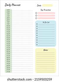 Daily planner printable template Vector. Blank white notebook page Letter format. Business organizer schedule page for a day for effective planning. Paper sheet. Schedule template. Vector design