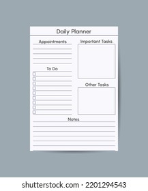 Daily planner printable template Vector. Blank white notebook page Letter size. Business organizer schedule page for a day for effective planning. Paper sheet. Vector illustration design