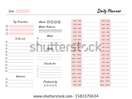 Daily planner printable template Vector. Blank white notebook page A4. Business organizer schedule page for a day for effective planning. Paper sheet. Vector illustration design