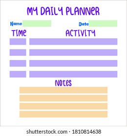 Daily planner printable template vector.A4. Organizer schedule page for a day for effective planning.To Do List, Wish List, schedule, notes. Clean style daily planner vector template. Schedule 