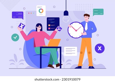 Daily planner purple background concept with people scene in the flat cartoon style. Two workers divide their duties for the day. Vector illustration.