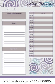 Daily planner in purple shades with abstract watercolor illustration. For creating a daily schedule, notes and daily affirmations