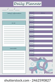 Daily planner in purple shades with watercolor illustration. For creating a daily schedule, notes and daily affirmations