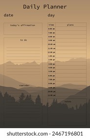 Planificador diario para registrar tareas programadas, crear notas y afirmaciones diarias. Fondo marrón que representa un paisaje de montaña