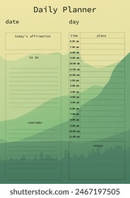 Daily planner for recording scheduled tasks, creating notes and daily affirmations. Green background depicting a mountain landscape