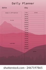Daily planner for recording scheduled tasks, creating notes and daily affirmations. Magenta background with mountain landscape