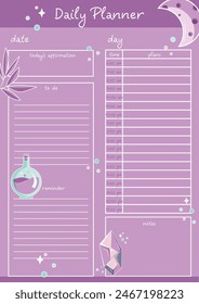 Planificador diario para registrar tareas programadas, crear notas y afirmaciones diarias. El fondo es rosa con Elementos mágicos.