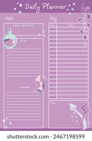 Daily planner for recording scheduled tasks, creating notes and daily affirmations. Pink background with magical elements: potion, crystal, mushrooms.