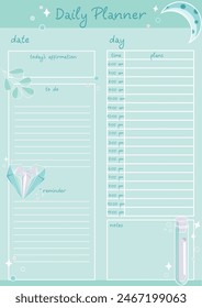 Daily planner for recording scheduled tasks, creating notes and daily affirmations. Mint background with magical elements: potion, crystal, herbs